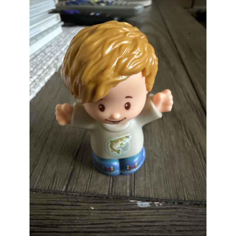 Fisher Price Little People Blonde Boy in Gray Fish Fishing Shirt